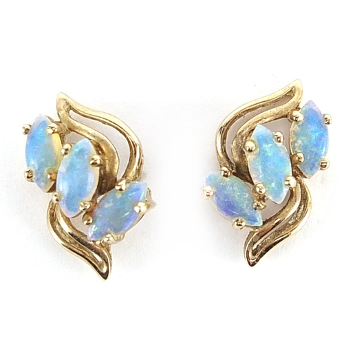 188 - Pair of 9ct gold opal three stone stud earrings, SG maker's mark, 1.4cm high, 2.2g