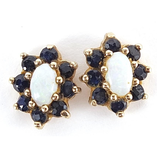 184 - Pair of unmarked gold opal and sapphire stud earrings, 9mm high, 1.2g