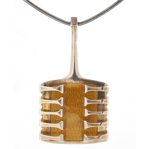 113 - David Andersen, Danish 925S sterling silver Bjorn's silver 'harp' silver and enamel pendant with nec... 