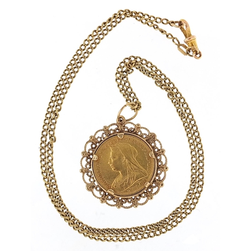 101 - Queen Victoria 1896 gold sovereign with 9ct gold pendant mount and 9ct gold necklace, 54cm in length... 