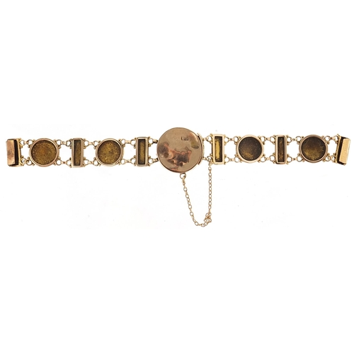 106 - Manner of Liberty & Co, Art Nouveau unmarked gold and enamel bracelet decorated with a female, tests... 