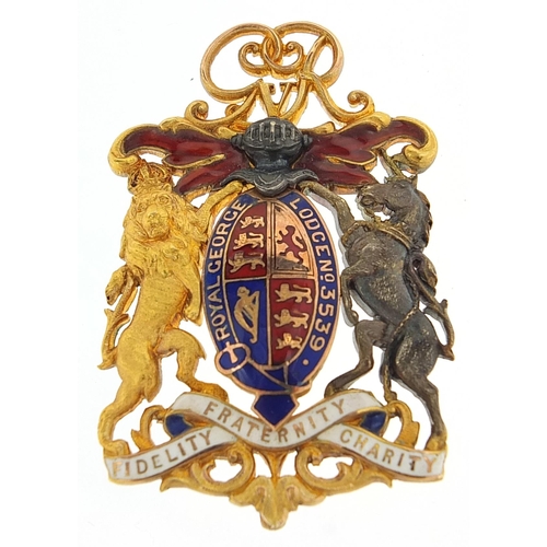 191 - 9ct gold and enamel Royal George Lodge masonic jewel number 3539 by Spencer London, 5cm high, 23.0g