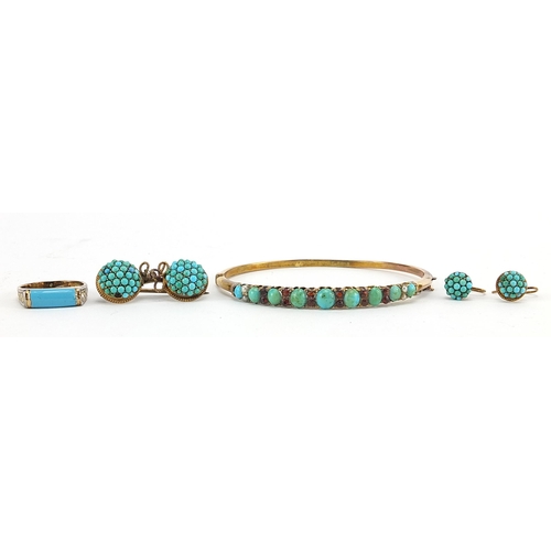 198 - Antique unmarked gold turquoise jewellery comprising turquoise garnet and seed pearl bangle, brooch,... 