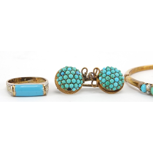 198 - Antique unmarked gold turquoise jewellery comprising turquoise garnet and seed pearl bangle, brooch,... 