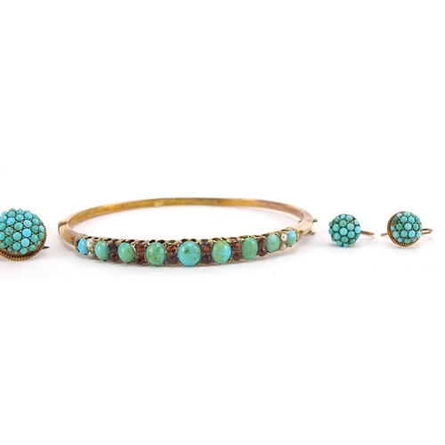 198 - Antique unmarked gold turquoise jewellery comprising turquoise garnet and seed pearl bangle, brooch,... 