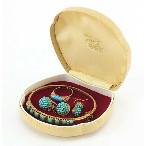 198 - Antique unmarked gold turquoise jewellery comprising turquoise garnet and seed pearl bangle, brooch,... 