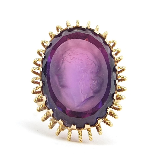 173 - 14ct gold amethyst intaglio seal ring, size R, 13.2g