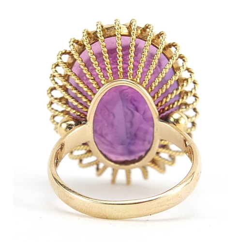 173 - 14ct gold amethyst intaglio seal ring, size R, 13.2g