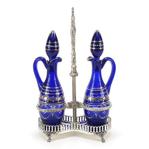 874 - Silver plated oil and vinegar bottle stand with blue glass decanters, 35cm high