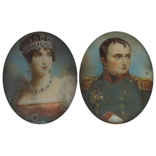 911 - Pair of oval hand painted miniatures housed in jewelled brass frames, signed Roy and Reme, each over... 