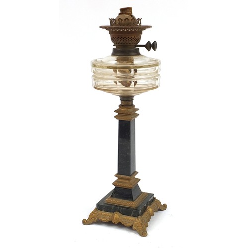 872 - Victorian ornate brass and marble oil lamp base with glass reservoir, 48cm high