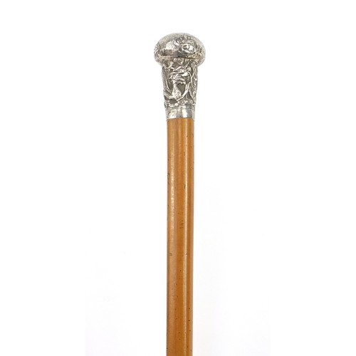 942 - Malacca walking stick with Chinese unmarked silver pommel embossed with a dragon amongst flowers, 96... 