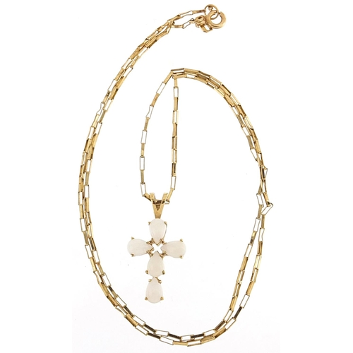 120 - 9ct gold opal cross pendant on a 9ct gold necklace, 2.6cm high and 47cm in length, 3.3g