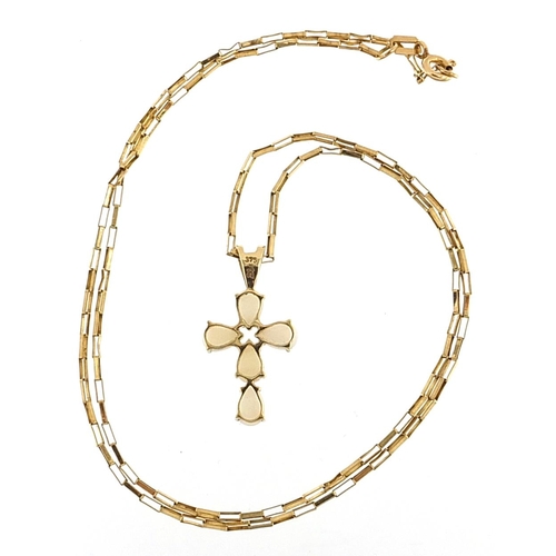 120 - 9ct gold opal cross pendant on a 9ct gold necklace, 2.6cm high and 47cm in length, 3.3g