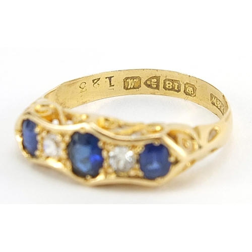 116 - Victorian 18ct gold sapphire and diamond five stone ring, size N, 2.9g