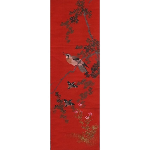 2089 - Three Chinese wall hanging scrolls hand painted with birds