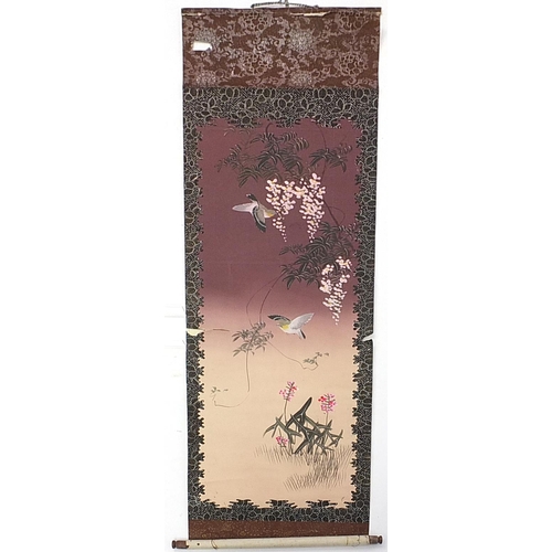 2089 - Three Chinese wall hanging scrolls hand painted with birds