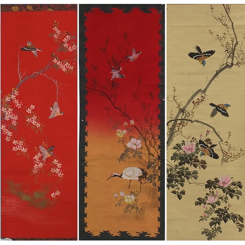 2090 - Three Chinese wall hanging scrolls hand painted with birds