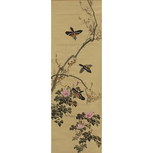 2090 - Three Chinese wall hanging scrolls hand painted with birds