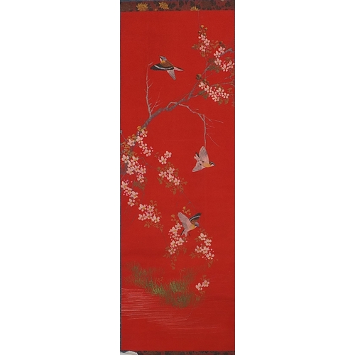 2090 - Three Chinese wall hanging scrolls hand painted with birds