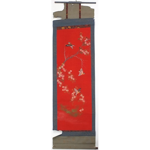 2090 - Three Chinese wall hanging scrolls hand painted with birds