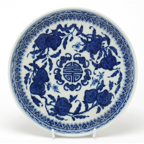 2091 - Chinese blue and white porcelain tray hand painted with peaches and bats, 21.5cm in diameter