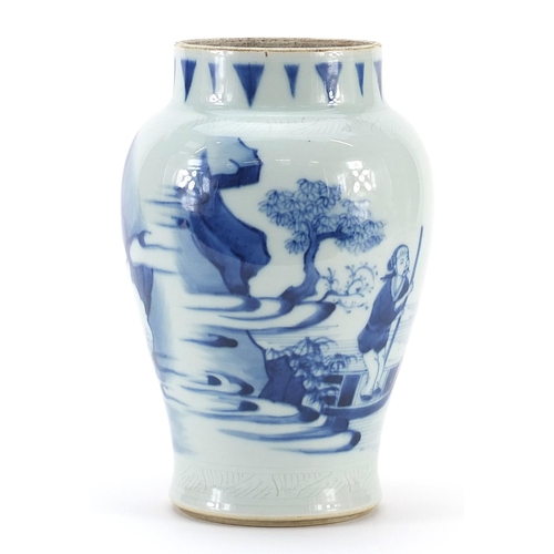 2092 - Chinese blue and white porcelain baluster vase hand painted with two figures in a river landscape, 1... 