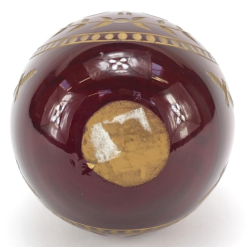 892 - Russian red glass egg paperweight in the style of Faberge, etched with double headed eagle and sword... 