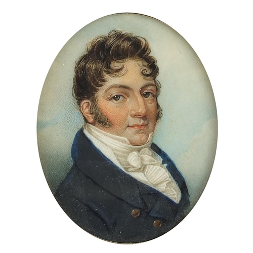 912 - Georgian oval hand painted portrait miniature onto ivory of Joseph Colyer, inscribed painted by Geor... 