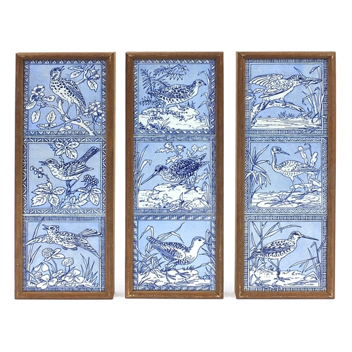 991 - Minton & Hollins, set of nine aesthetic tiles decorated with birds amongst flowers after A E Godwin,... 