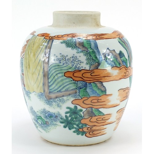 1023 - Chinese porcelain jar hand painted in the wucai palette with figures and attendants in a landscape, ... 