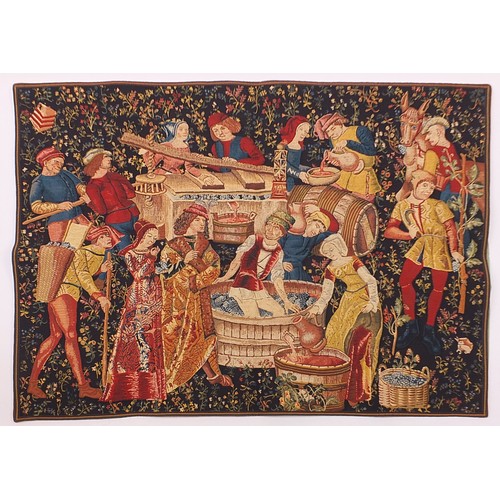 2078 - Flanders medieval style tapestry woven with figures making wine, 161cm x 126cm