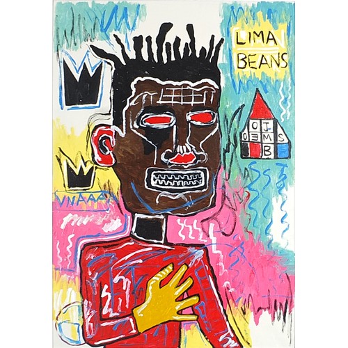 2108 - Follower of Jean-Michel Basquiat - Acrylic on canvas, framed, 83cm x 59cm excluding the frame