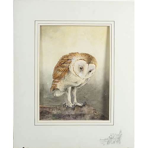 2109 - Manner of Archibald Thorburn - Portrait of an owl, heightened watercolour on card, mounted, unframed... 