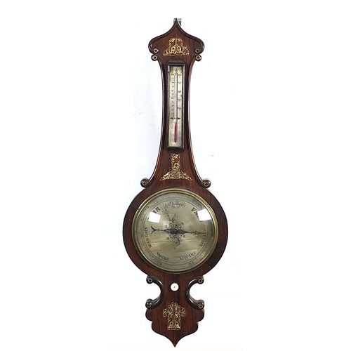 1034 - Inlaid rosewood barometer with silvered dial, 102cm high