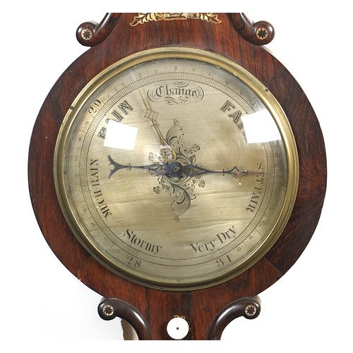 1034 - Inlaid rosewood barometer with silvered dial, 102cm high