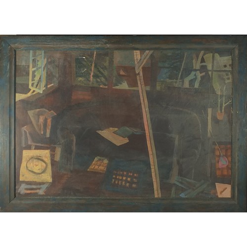 2112 - David Garbett - Interior scene, oil on canvas, partial label verso, framed, 132cm x 91cm excluding t... 