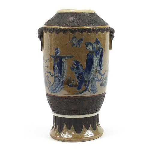 2102 - Chinese porcelain vase with animalia twin handles, hand painted with figures and animals, 46cm high