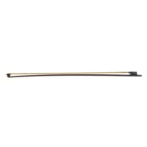 1015 - Old wooden violin bow with mother of pearl frog impressed A Vigneron A Paris, 74.5cm in length