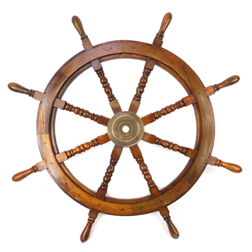 1492 - Large mahogany and brass ship's wheel, 92cm in diameter