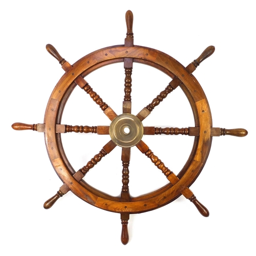 1492 - Large mahogany and brass ship's wheel, 92cm in diameter