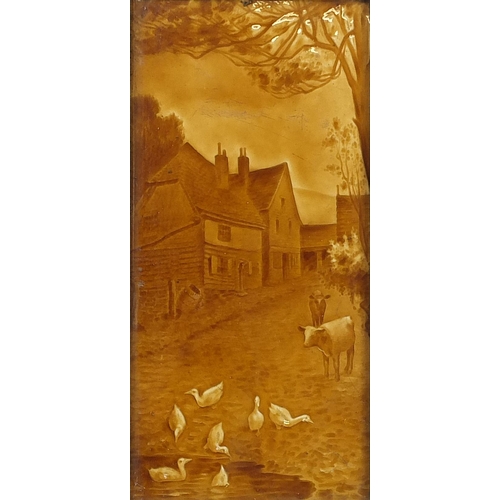 2126A - Large Victorian treacle glazed tile hand painted with cattle and ducks in a street, framed, the tile... 