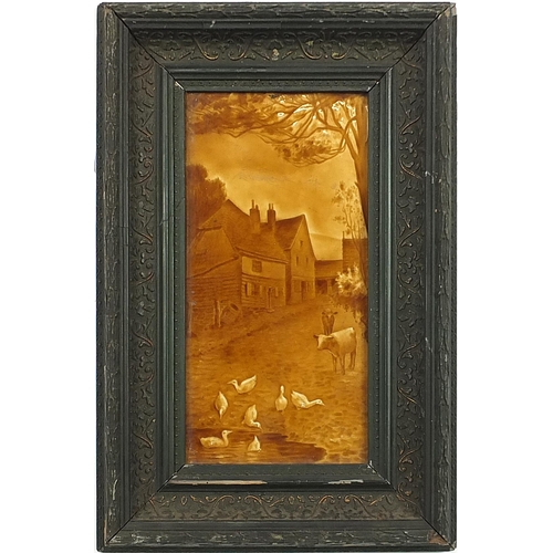 2126A - Large Victorian treacle glazed tile hand painted with cattle and ducks in a street, framed, the tile... 