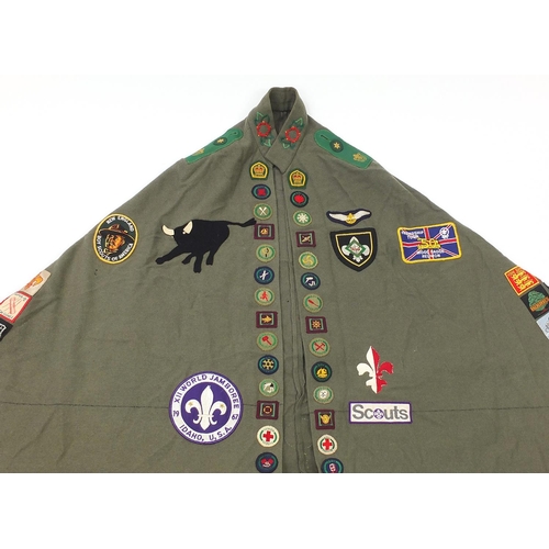 Vintage Boy Scout\'s camp fire blanket with various cloth badges from the  1950\'s and later to include