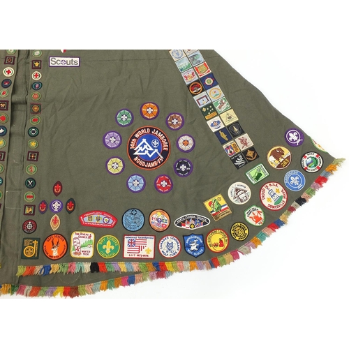 Vintage Boy Scout\'s camp fire blanket with various cloth badges from the  1950\'s and later to include