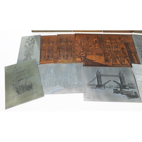 63 - Seventeen various metal plauqes engraved with scenes to include one impressed Abraham Von Werdt, Ham... 