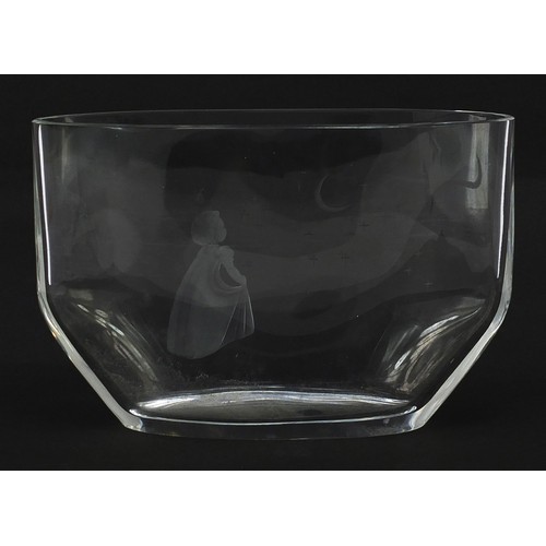 32 - Orrefors, Swedish glass vase etched with a young girl looking at a moonlit sky, etched marks to the ... 