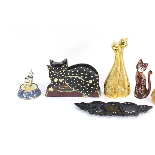 98 - Selection of cat related items including wooden letter rack, ceramic dish and sleeping ginger cat, t... 