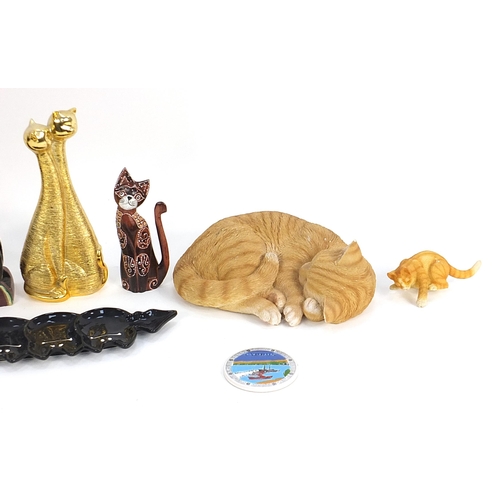 98 - Selection of cat related items including wooden letter rack, ceramic dish and sleeping ginger cat, t... 