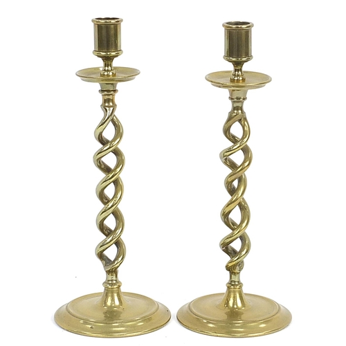 20 - Pair of Victorian brass twist candlesticks, 31cm high